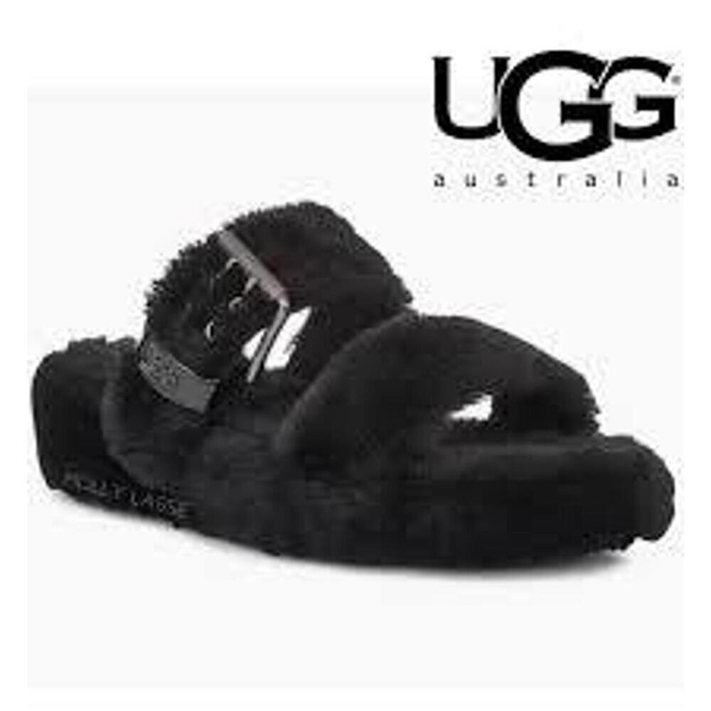 UGG Australia Fuzz Yeah Fuzzy Fluffy Sheepskin Sandals Slippers w/ Buckles Glam